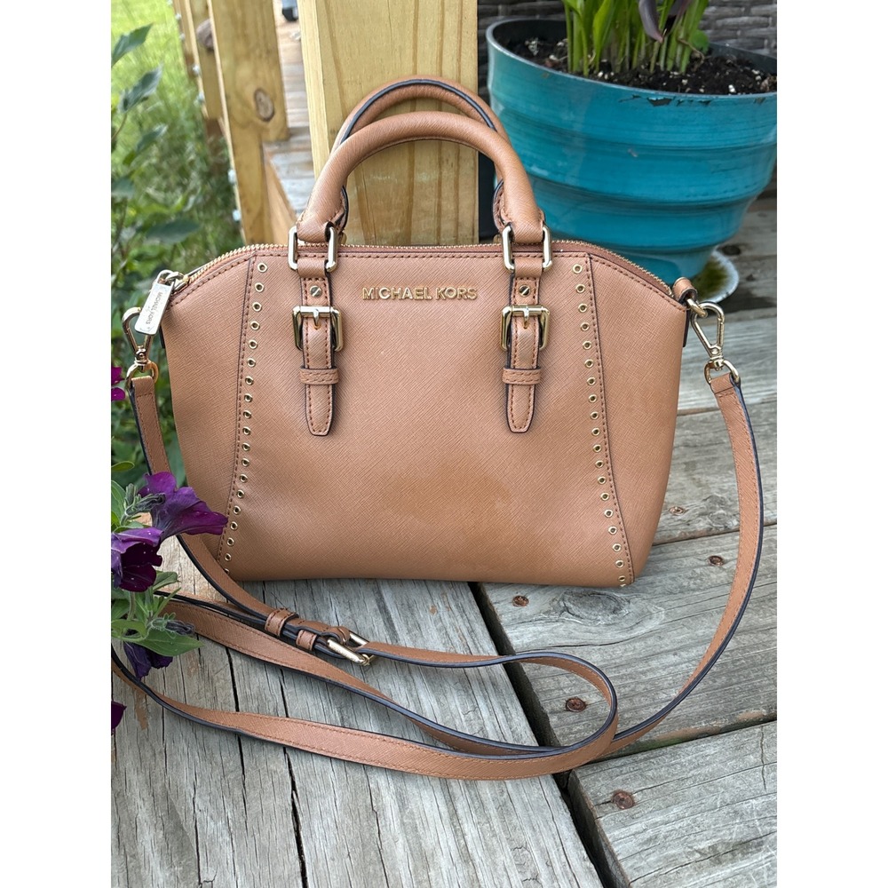 Michael Kors Ciara Satchel Tan Saffiano Leather Studded Dome Bag Crossbody